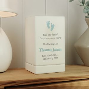 Personalised Baby Boy Small Wooden Urn - Blue Footprint Design
