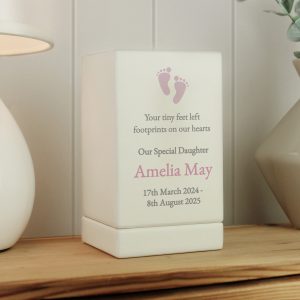 Personalised Baby Girl Small Wooden Urn - Pink Footprint Design